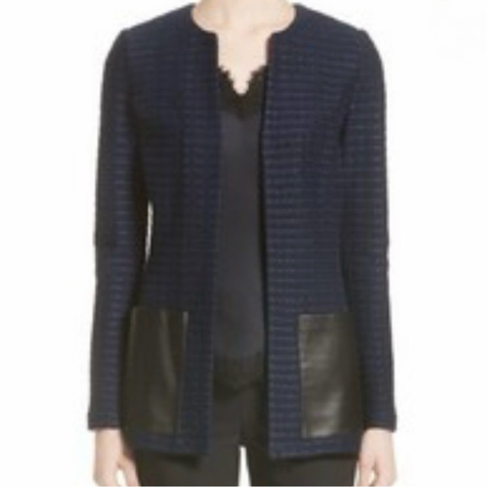 St. John Collection Glazed Ribbon Tweed Knit Jacket Navy Leather Pockets 14 NWOT